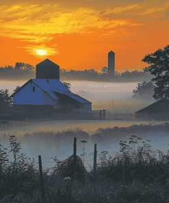 Farm Misty Sunrise Scenery Diamond Painting