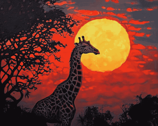 Giraffe Red Moon Silhouette Diamond Painting