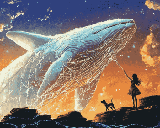 Girl and Dog with Whales Diamond Painting