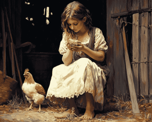 Girl with Chicken on the Farm Diamond Painting