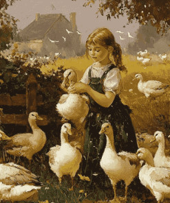 Girl with Geese Vintage Diamond Painting