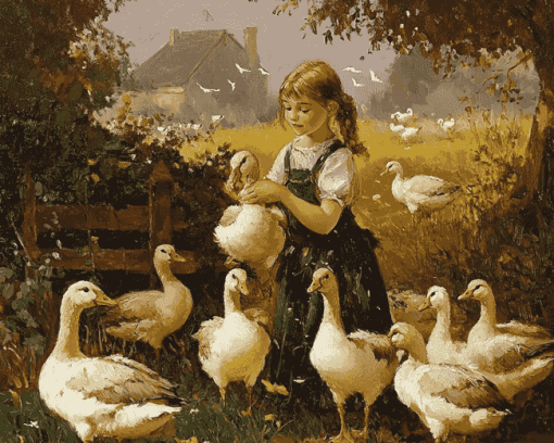 Girl with Geese Vintage Diamond Painting