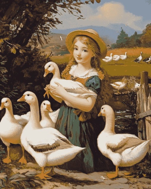 Girls with Geese Vintage Diamond Painting