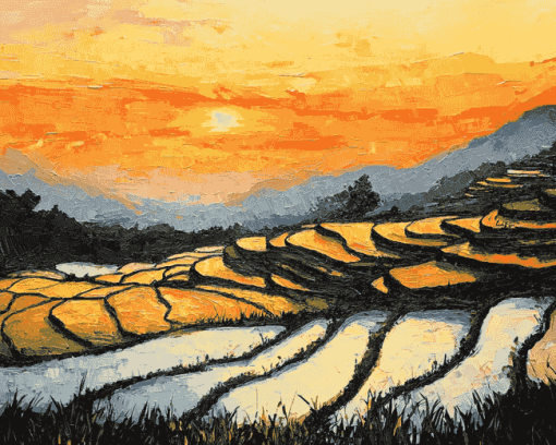 Golden Sunset Over Rice Terraces Diamond Painting