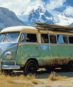 Green Skoolie Bus Mountain Adventure Diamond Painting