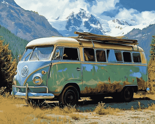 Green Skoolie Bus Mountain Adventure Diamond Painting