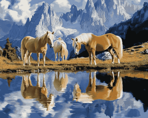 Haflinger Horses in Mountain Scenery Diamond Painting