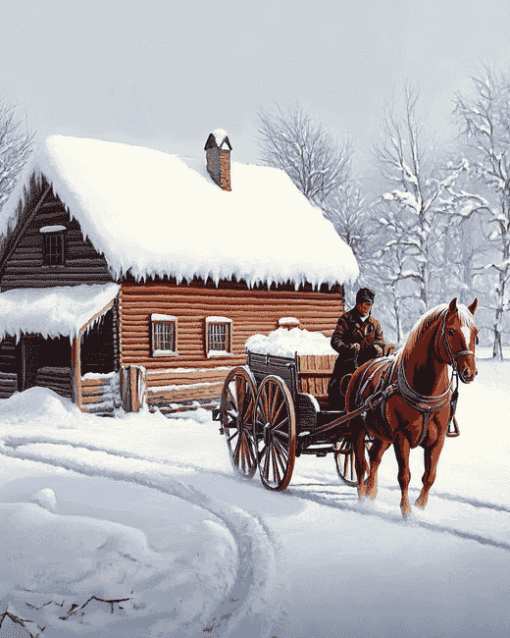 Horse and Wagon Winter Scene Diamond Painting