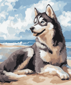 Husky Puppy Beach Diamond Painting