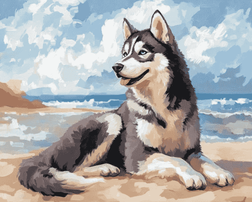 Husky Puppy Beach Diamond Painting