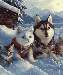 Husky and Cat Snow Adventure Diamond Painting