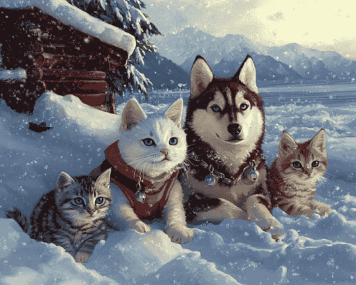 Husky and Cat Snow Adventure Diamond Painting