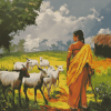 Indian Lady with Goats in Landscapes Diamond Painting