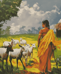 Indian Lady with Goats in Landscapes Diamond Painting