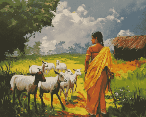 Indian Lady with Goats in Landscapes Diamond Painting