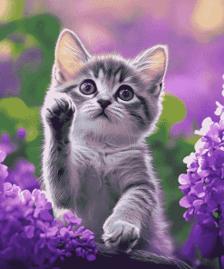 Kitten and Purple Flowers Diamond Painting