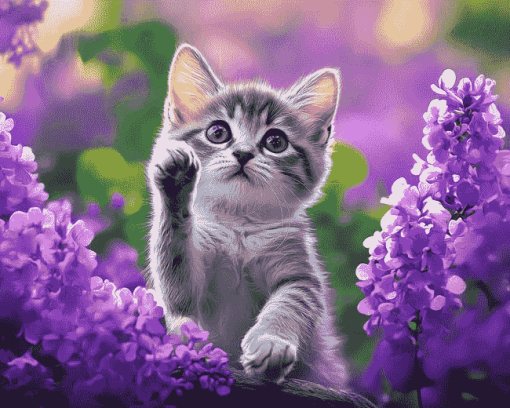 Kitten and Purple Flowers Diamond Painting