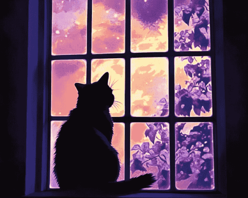 Kitty Silhouette Window View Diamond Painting