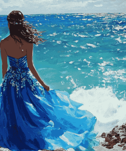 Lady in Blue Dress Seaside Diamond Painting