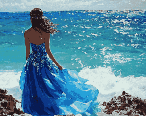 Lady in Blue Dress Seaside Diamond Painting