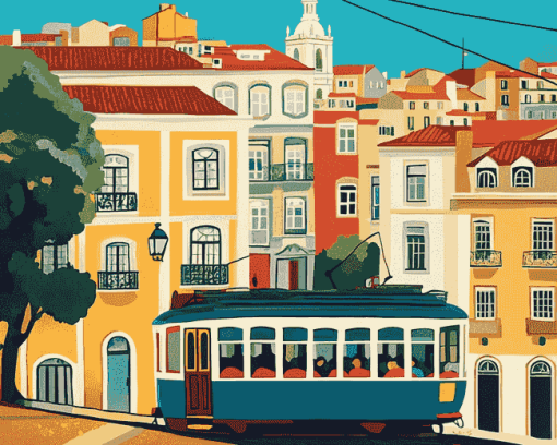 Lisbon Tram Cityscape Diamond Painting