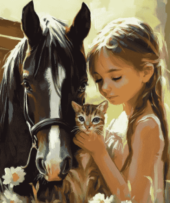 Little Girl with Pony and Cat Diamond Painting