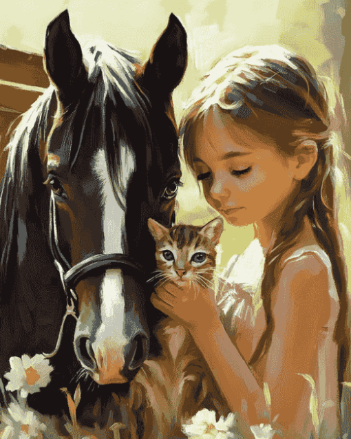 Little Girl with Pony and Cat Diamond Painting