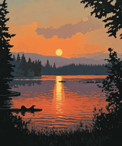 Loon Lake Sunset Scene Diamond Painting