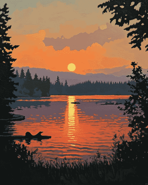 Loon Lake Sunset Scene Diamond Painting