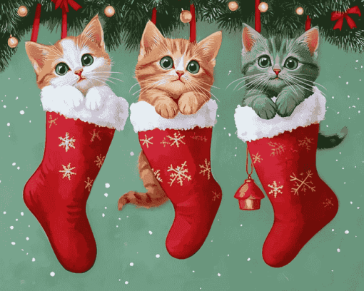 Merry Christmas Cats in Stockings Diamond Painting