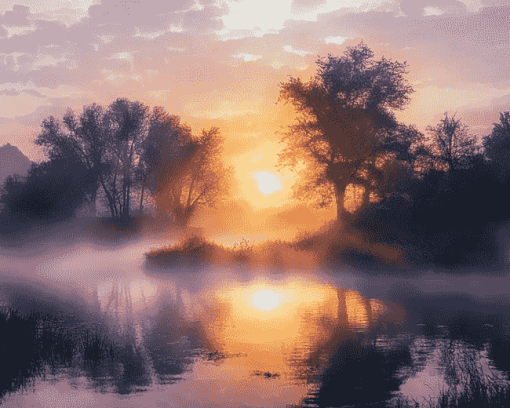 Misty River Valley Sunrise Diamond Painting