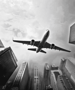 Monochrome Airplane and Skyscrapers Diamond Painting