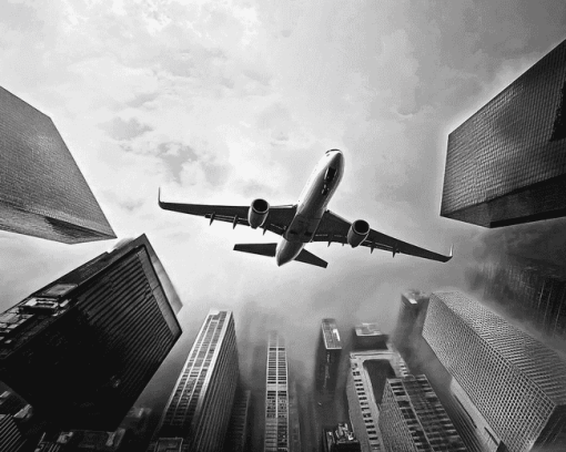 Monochrome Airplane and Skyscrapers Diamond Painting