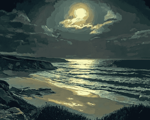 Moonlit St Ives Bay Landscape Diamond Painting