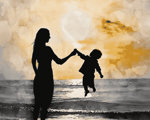 Mother Son Beach Silhouette Diamond Painting