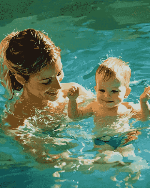 Mother Swimming with Baby Boy Diamond Painting