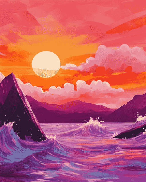 Mountain Waves at Pink Sunset Diamond Painting