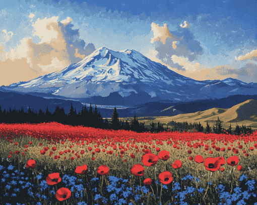 Mt St Helens Red Poppies View Diamond Painting