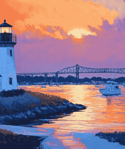 Newport Harbor Sunset Lighthouse Diamond Painting