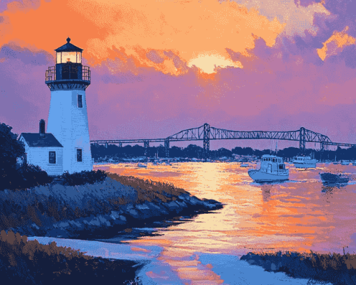 Newport Harbor Sunset Lighthouse Diamond Painting