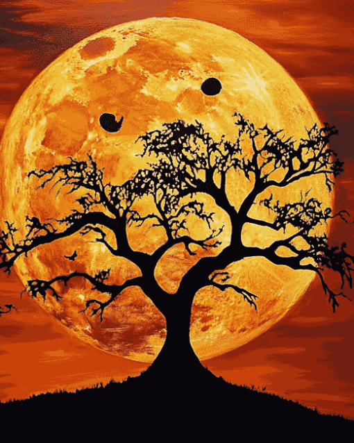 Orange Moon and Tree Silhouette Diamond Painting