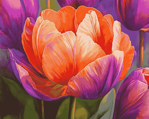 Orange Purple Tulip Blossoms Diamond Painting