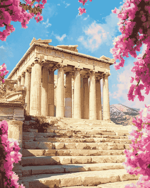 Parthenon Greece Flowers Diamond Painting