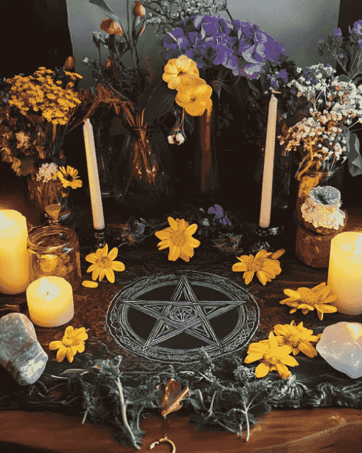 Pentacle with Flowers on Wiccan Altar Diamond Painting