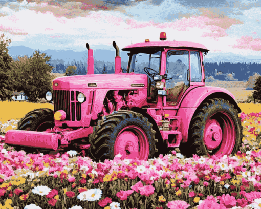 Pink Tractor in Flower Field Diamond Painting