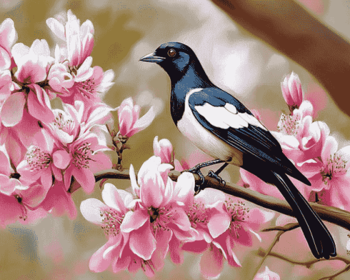 Pink Tree with Australian Magpies Diamond Painting