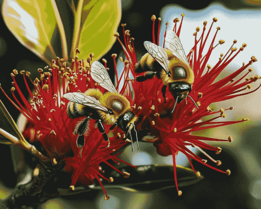 Pohutukawa Blossom with Bees Diamond Painting