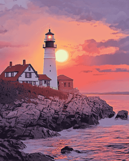 Portland Lighthouse Sunset Diamond Painting