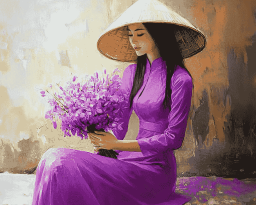 Purple Ao Dai Vietnamese Girl Diamond Painting