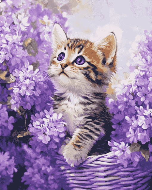 Purple Cat with Flowers Diamond Painting